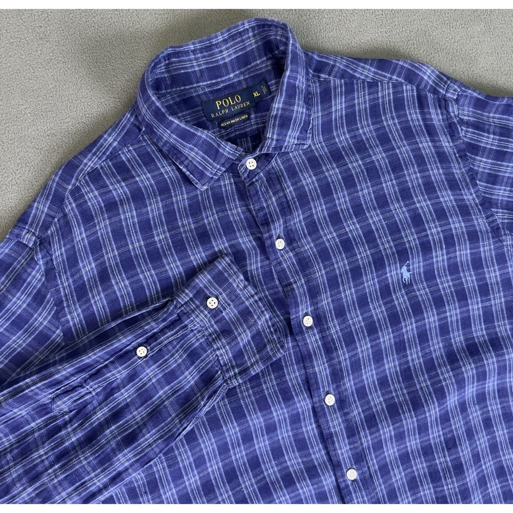 Polo Ralph Lauren Shirt Mens XL Blue Plaid Ocean Wash Linen Prep Beach